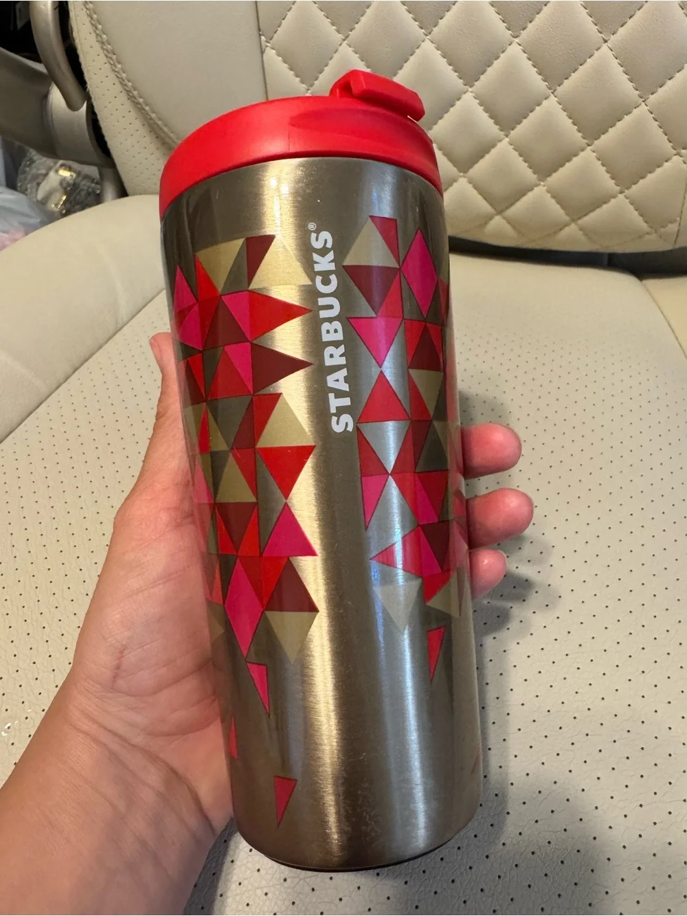 Starbucks 2014 Stainless Steel Geometric Travel Tumbler 16 oz Red Pink